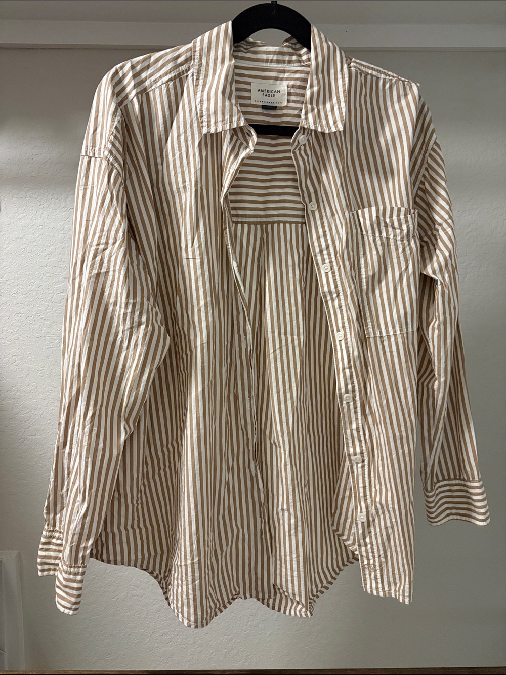 American Eagle Outfitters Men’s Beige and White Striped Button-Down Shirt